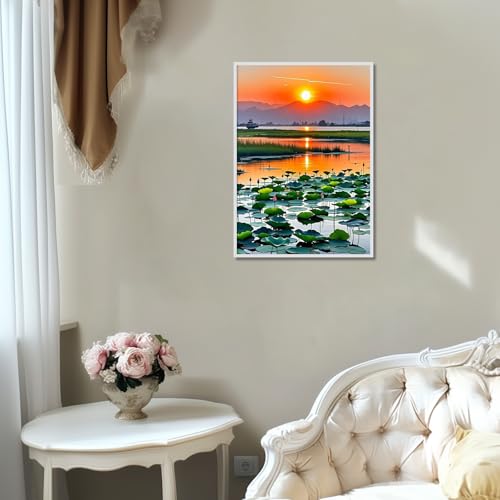 Image of Diamond Art Kits for Adults Landscape, 5D DIY Diamond Painting Kits for Adults Beginners, Lotus Pond Sunset Diamond Dots Full Drill Crafts for Gem Art for Relaxing Home Wall Decor 12x16 inch