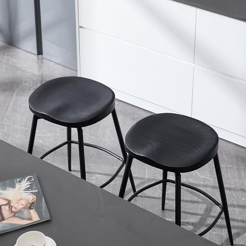 Image of 25'' Solid Wood Saddle Stools Set of 2, Swivel Counter Height Bar Stools Backless, Wooden Bar Stools with Metal Legs and Ergonomics Seat for Kitchen Island, Black