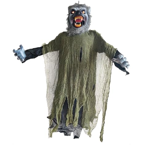 Outdoor Halloween Animatronics Decoration,47.2" Scary Hanging Werewolf Decor with Red