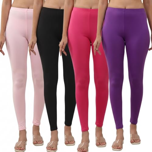 Image of Volex Women and Girls Full Length Leggings | Cotton Spandex /Elastane 4 Way Stretchable | Casual Slim fit Ultra Soft Leggings-Pack of 4