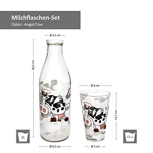 Foto von MamboCat Milchflaschen Set Angel Cow I Flirt Milchglasflasche 1 Liter mit Schraubverschluss und 310 ml Trinkglas mit Motiv I Designer Weithalsflasche Trinkflasche I Leere Flasche zum Befüllen 1000ml