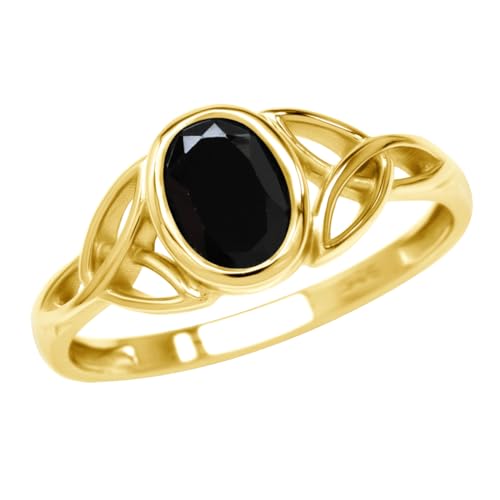 Silvershake 7X5mm Natural Oval Shape Black Onyx 14K Yellow Gold Plated 925 Sterling Silver Triquetra Celtic Knot Solitaire Gemstone Ring Size 7