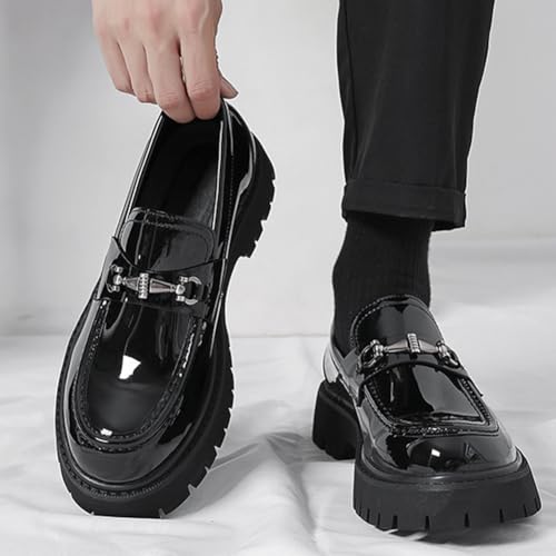 Men's Patent Leather Platform Penny Loafers, Stylish Low Heels, Round Toe Non-Slip Business Casual Shoes4