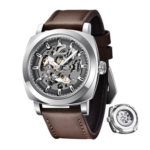 Image of Benyar Automatic Watches for Men | Skeleton Mechanical Leather Strap Mens Watch | 45mm Dial | 30M Waterproof | Men's Stylish Gift