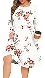 POSESHE, Damenkleider in Übergröße, Lange Ärmel, Rundhalsausschnitt, Freizeitkleider, Empire-Taille, locker, fließendes Kleid mit Taschen, Rosenweiß, XXX-Large Mehr