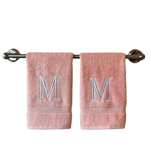 Pink with White Monogrammed Hand Towels for Bathroom - Set of 2 Letter M