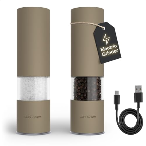 Image of LARS NYSOM Electric Salt and Pepper Grinder Set I Automatic Salt and Pepper Mills with Adjustable Ceramic Grinder I USB Rechargeable Electric Spice Mill Set with LED Light (Taupe Brown)