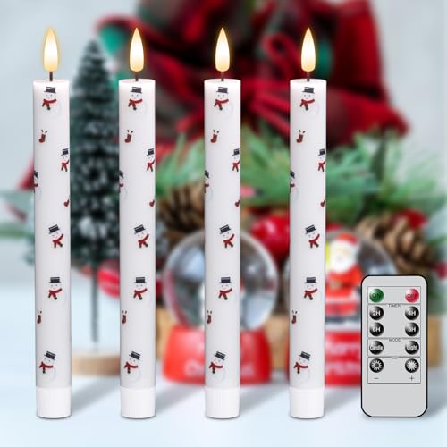 Image of GenSwin Christmas Taper Candles with Snowman Decals, 4 Pack LED Taper Candles with Timer, Real Wax Flickering LED Flickering Flameless Candlesticks with Christmas Prints for Home Decor(0.78 inch x 9.6 inch)
