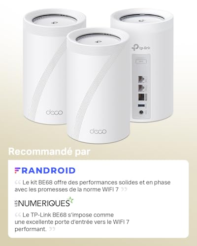 TP Link Deco BE68 V1 Système Wi Fi routeur jusqu'à 8100 pieds carrés maillage 2.5GbE 10GbE Wi Fi 7 Bande pack de 3 - vue 3