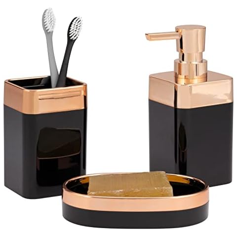 bremermann Savona 3-Piece Bathroom Set Plastic Black Rose Gold Soap Dish Soap Dispenser Mug Cover