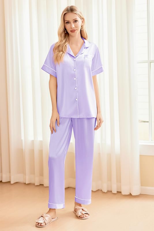 Image of Ekouaer Silk Pajamas for Women Set Satin Soft Short Sleeve Button Down Pjs