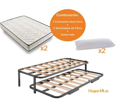 HOGAR24 ES.es-Cama Nido Estructura Reforzada Doble Barra Superior (4 Patas) + 2 Flexitex + 2 Almohadas de Fibra, 90x190cm