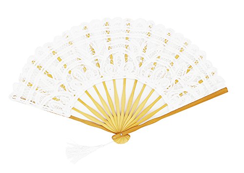 Fennco Styles Handmade Crochet Cotton Lace with Tassels Wedding Bridal Decoration Hand Folding Fan (White)