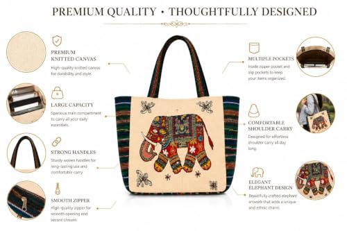 Image of Elephant Print Canvas Tote Bag for Women, Ethnic Shoulder Handbag with Multicolor Elephant Design, Dual Handle Everyday Carry Bag for Shopping, Office, College, Travel & Daily Use