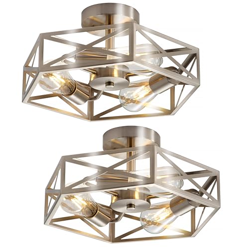 Image of WYNEYET 2 Pack Close to Ceiling Light Fixtures, 3-Lights Cage Flush Mount Ceiling Light, 14.5 Inch Brushed Nickel Semi Flush Mount Ceiling Light for House Bedroom Laundry Hallway Kitchen