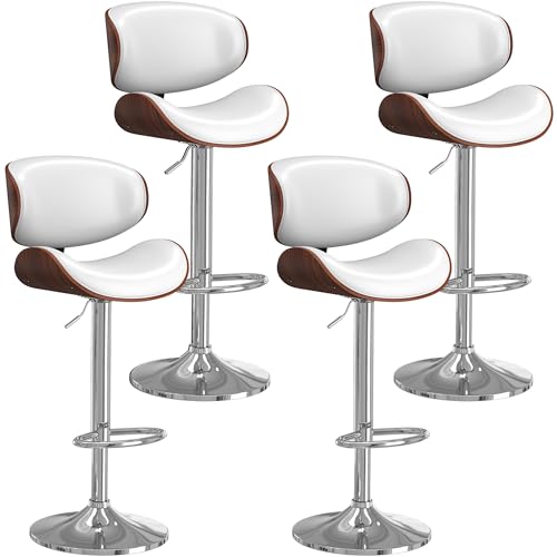 Image of YaFiti Bar Stools Set of 4, Bar Stools for Kitchen Island with Bentwood Back and Leather Seat, Swivel Barstools for Kitchen Counter, Bar, White