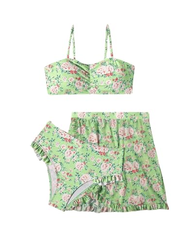 Floerns Girl's 3 Piece Bikini Set Floral Print Ruched Bathing Suits with Cover Up Skirt