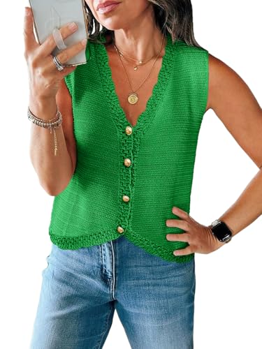 Image of Saodimallsu Womens Crochet Tank Tops Cute Summer Sweater Vest Knit Outfits | Trendy Casual,Sleeveless,V Neck,Cropped,Button Down,Boho,Going Out,Casual Daily Wear, Beach Vacation