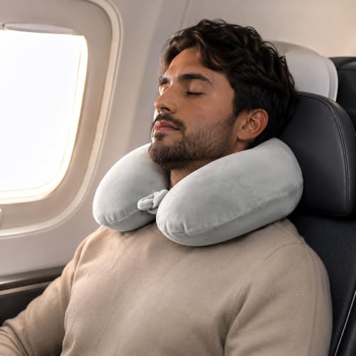Image of Memory Foam Travel Neck Pillow with Breathable Washable Cover | U-Shaped Orthopedic Airplane Neck Support Cushion for Flight, Car, Train & Office | Soft Slow Rebound Foam | Grey