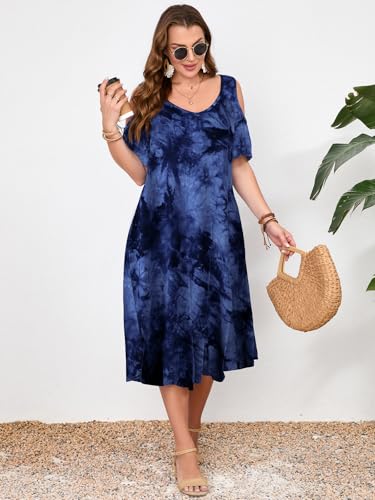 Image of LARACE Plus Size Women Dress for Summer, Midi Women's Sundress, Casual V-Neck Short Sleeve Flowy T-Shirt Dresses with Pockets
