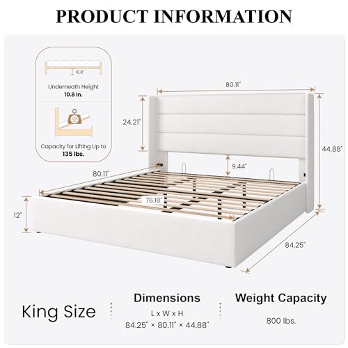 SHA CERLIN King Size Lift Up Storage Bed/Velvet Upholstered/Modern Wingback Headboard/Upholstered Platform Bed Frame/Hydraulic Storage/No Box Spring Needed/White