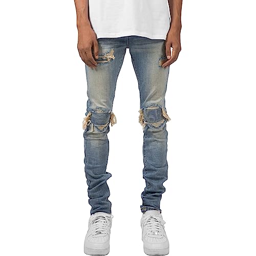 Jeans de vélo serrés hommes slim et plissé noir élastique