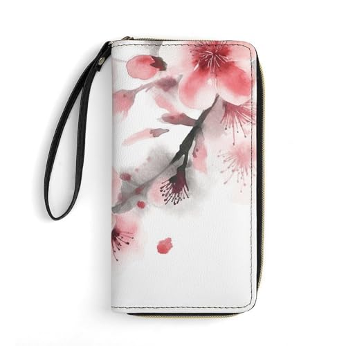 Watercolor Pink Cherry Florals Leather Wallet Smooth Zip Around Clutch Wristlet Travel Long Soft Purse for Women
