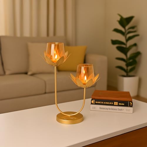 Image of MARKET 99 Metal + Glass 2 Votive T-Light Holder | U-Shaped Golden Candle Stand for Christmas, Diwali, Birthdays & Weddings | Elegant Home & Festive Ambient Decor Lighting