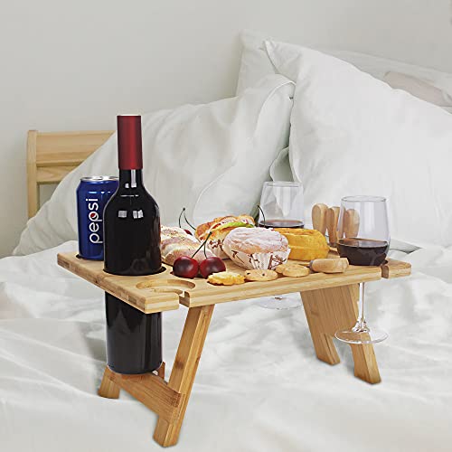 Livoccur Portable Wine Picnic Table, Folding Bamboo Snack Table With Wine Bottle And Glass Holder For Camping, Beach, Park, Ideal Wine Lover Gift #TOP6