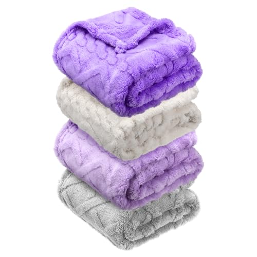 Image of VitalCozy 4 Pcs Fleece Baby Blankets for Boys Girls 3D Soft Plush Warm Baby Receiving Blankets 30" x 40" Cozy Fluffy Infant Toddler Newborn Swaddling Blanket for Crib Nursery Bed(Purple Set)