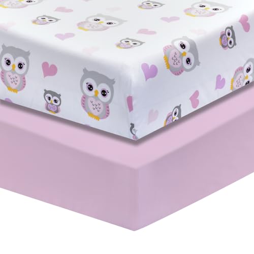 Image of EVERYDAY KIDS 2 Pack Fitted Girls Crib Sheet, 100% Soft Breathable Cotton Baby Sheet, Fits Standard Size Crib Mattress 28in x 52in, White Nursery Sheet with Pink Owls and Hearts and a Solid Pink