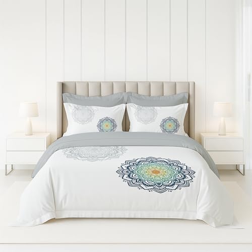 Image of LANE LINEN 100% Cotton Printed King Size Bedsheet - White Grey | OEKO-Tex Certified, 250TC, Fits King & Double Bed, Mandala Print, Breathable & Wrinkle-Free, Includes 2 Pillow Covers