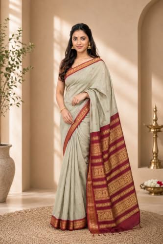Image of Pure Kalyani Cotton Saree | Zari Border & Blouse Piece - Lata Gadwal Design | Traditional Saree