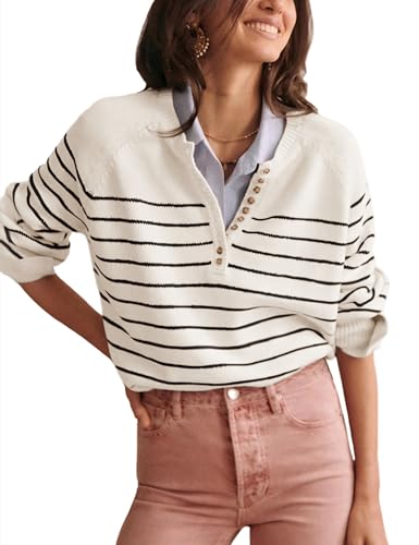 Hongsui Women's Color Block Striped Sweaters Button Up Crewneck Pullover Ribbed Knit Sweater Tops (Beige-XL)