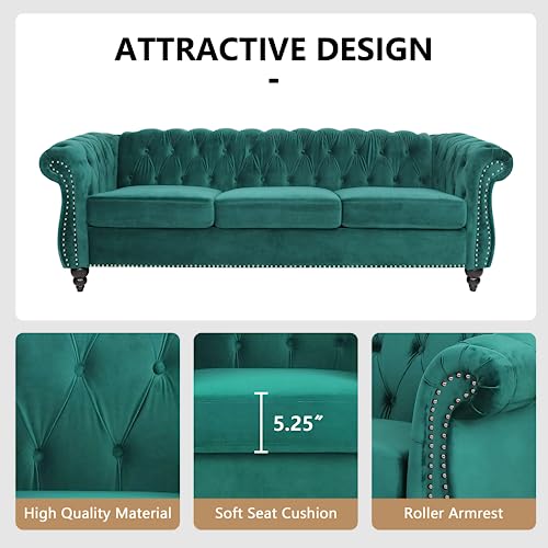Image of QHITTY Accent Large Sofa, Chesterfield Couch 3 Seater Modern Velvet Couch Upholstered Sofa with Tufted Back for Living Room Furniture (Green)