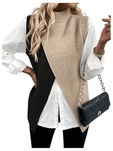 MakeMeChic Women's Sweater Vest Mock Neck Colorblock Wrap Sleeveless Split Hem Fall Tops3