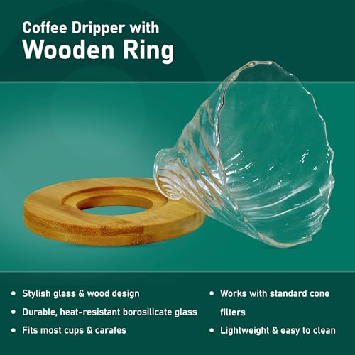 Image of The Bean Co Roasters Coffee Dripper with Wooden Ring - Manual Pour Over Brewer for Cup & Carafe | Heat-Resistant Borosilicate Glass | Cafe-Style Brewing | Wooden Base