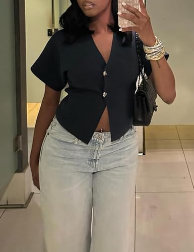 Image of hathne Women's Short Sleeve V Neck Cardigan Lightweight Knit Sweater Button Down Office Casual Tops