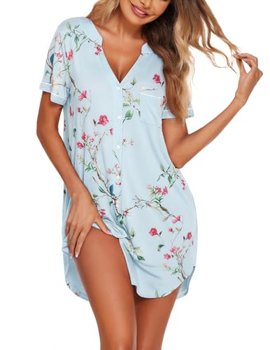 Image of Ekouaer Nightgowns for Women Button Down Night Gowns Short Sleeve Sleep Shirt V Neck Nightshirt Soft Sleepwear Pajams Dress