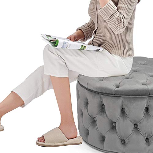 Homebeez Round Velvet Storage Ottoman, Button Tufted Footrest Stool Coffee Table For Living Room (Grey) #TOP3