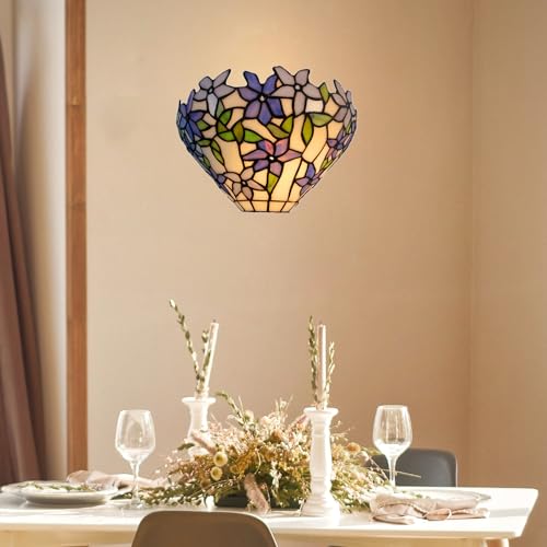 Image of Purple Flower Tiffany Style Wall Sconce, Classy Stained Glass Wall Light, Decorative 12 Inches Wall Light Fixtures for Hallway Stairway Bedroom (A)