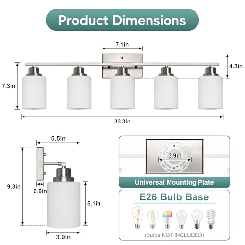 Image of Ascher Bathroom Light Fixtures, 5-Light Vanity Light Over Mirror, Brushed Nickel Wall Sconces with Milky White Frosted Glass Shades, Wall Lamp for Living Room Bedroom, E26 Base(Bulbs Not Included)