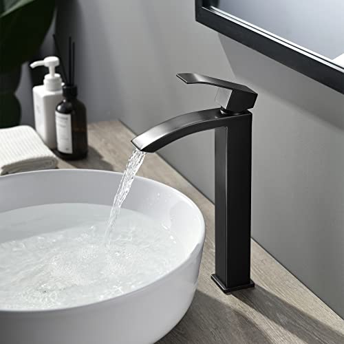 Comllen Vessel Sink Faucet Matte Black, Tall Waterfall Bathroom Faucet, Single Handle One Hole Mixer Bowl Tap With Large Rectangular Spout With Water Hoses #TOP1