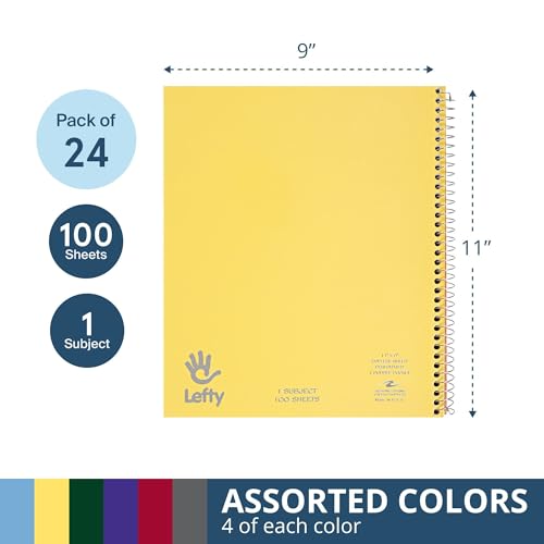 Image of ROARING SPRING Left Handed Spiral Notebook, 1 Subject, 11x9, 24 Pack | Lefty 1 Subject Notebook, College Ruled, 100 Sheets, Perforated Pages, 3 Hole Punched, Right Side Binding, Made in USA