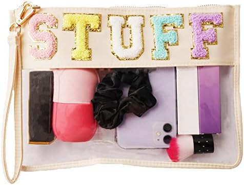 Abandship Chenille Letter Clear Bag, Stuff Pouch Varsity Bag Nylon Cosmetic Zipper Pouches Makeup Bags Travel Tote for Women Girls (Off white)