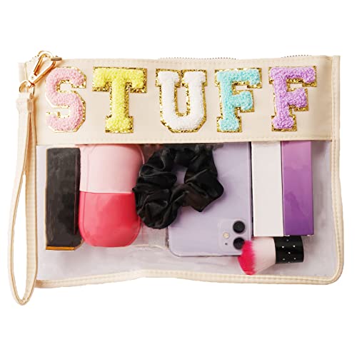 Abandship Chenille Letter Clear Bag, Stuff Pouch Varsity Bag Nylon Cosmetic Zipper Pouches Makeup Bags Travel Tote For Women Girls (Off White) #TOP29