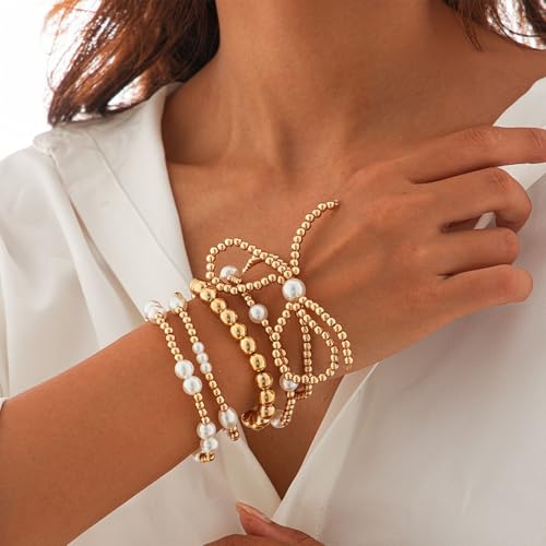 Gold Bow Bracelet for Women - Stackable Pearl Beaded Bracelet with Boho Seed Beads2