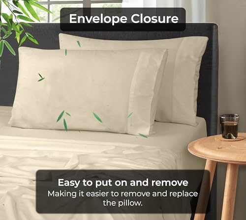 Image of Royale Linens Cooling Pillow Cases Standard Size Set of 2-100% Rayon Derived from Bamboo Cooling Pillowcase for Hot Sleepers - Soft & Silky Pillow Covers with Envelope Closure (Sand 20x26 Inches)