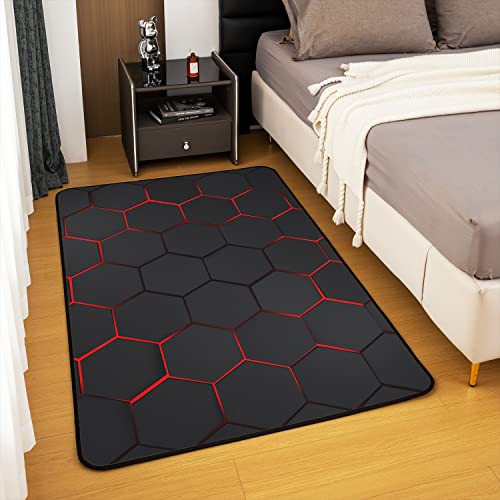 Loussiesd Honeycomb Area Rug Modern Hexagon Theme Living Room Rugs Geometrical Decorative Carpet Beehive Indoor Floor Mat Black Red Accent Rug 100 * 150cm - Image 4