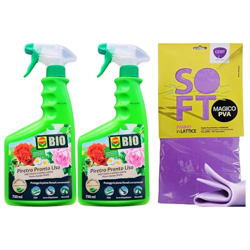 SET: 2xDetergente Spray Insetticida a Rapida Azione, PIRETRO PRONTO USO. Protegge Le Piante Floreali e Ornamentali, Di Origine Naturale 750ml + Panno In Lattice SOFT, Formato 30x30